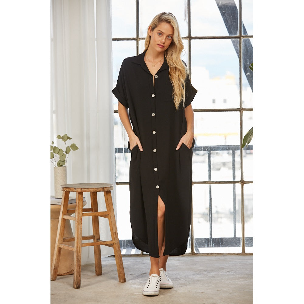 Short Sleeve Button Down Dress - Black