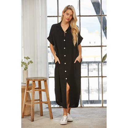 Short Sleeve Button Down Dress - Black