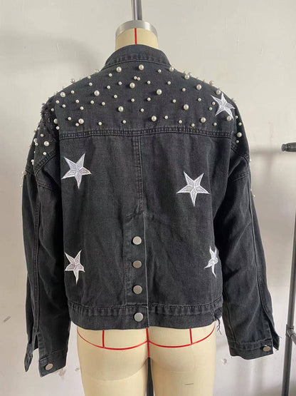 Heavy industry beaded coat women's loose denim jacket - November Moon  