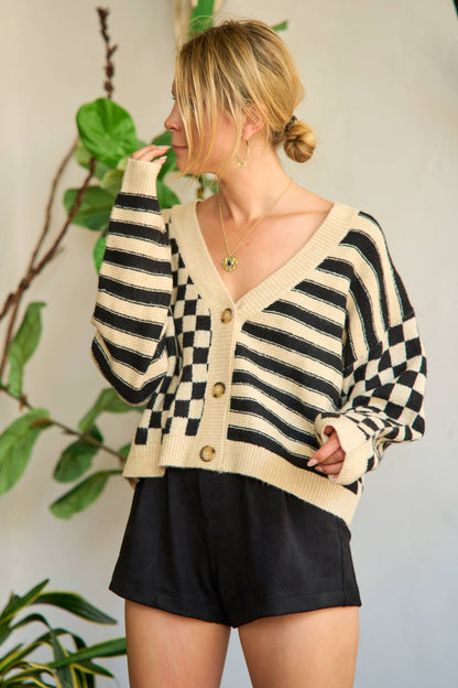 Striped/Checkered Contrast Cardigan