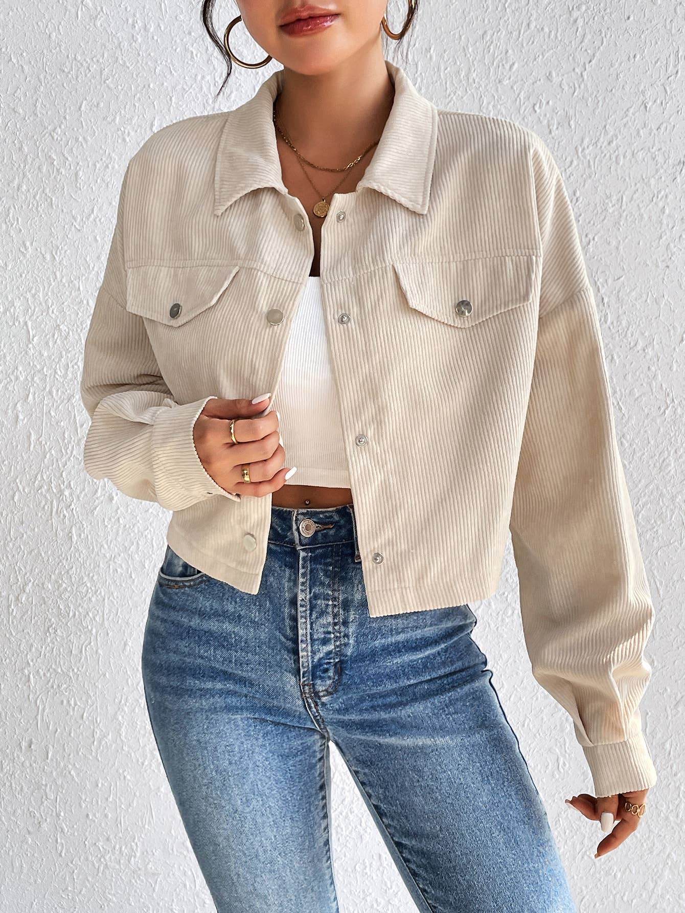 Cropped Corduroy Button-Down Shacket S