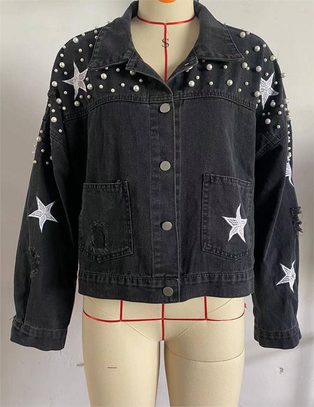 Heavy industry beaded coat women's loose denim jacket - November Moon  