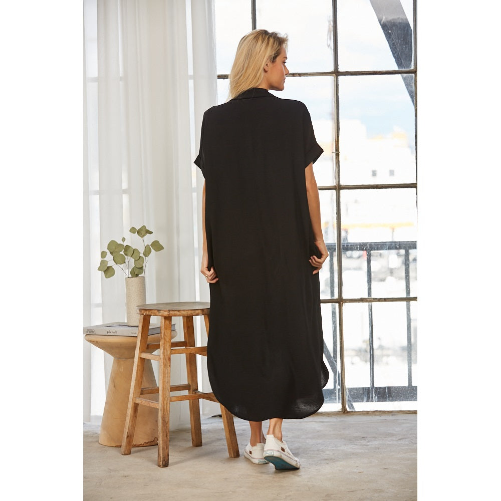 Short Sleeve Button Down Dress - Black