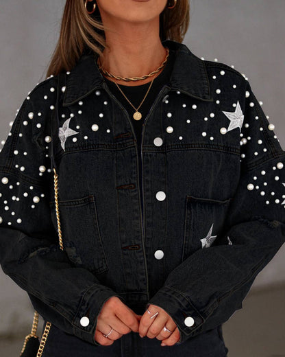 Heavy industry beaded coat women's loose denim jacket - November Moon  