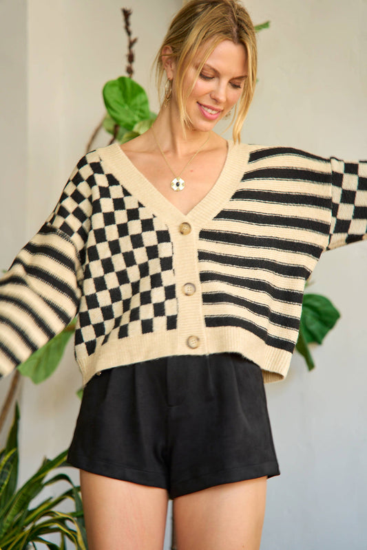 Striped/Checkered Contrast Cardigan