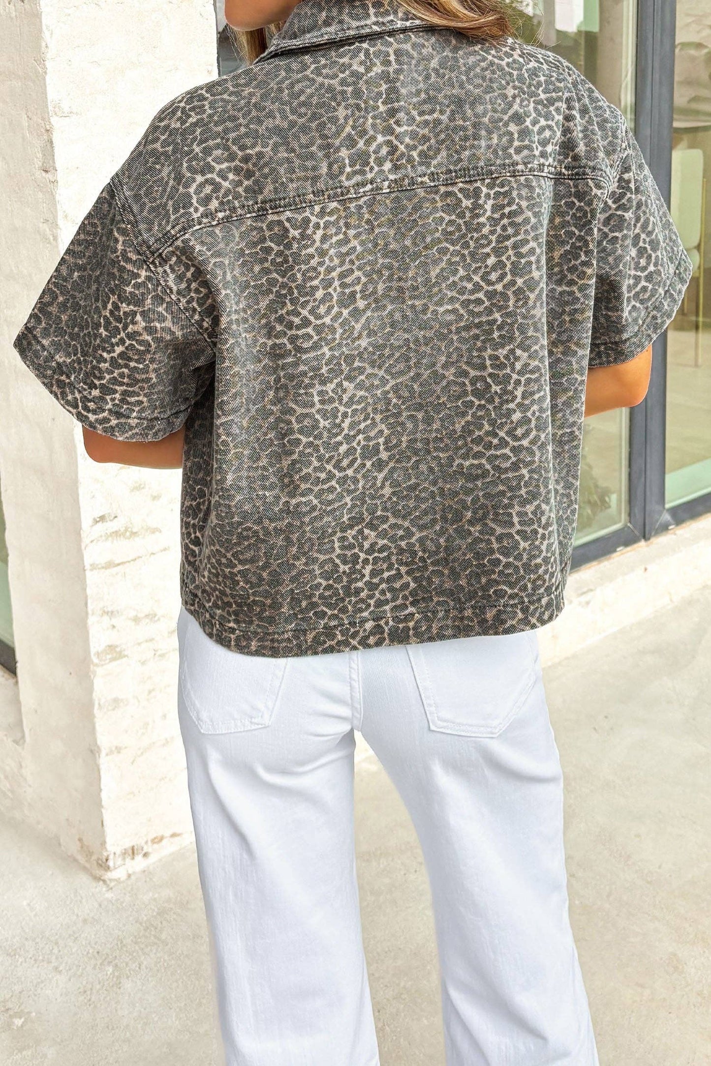 Leopard Denim Cropped Button Down