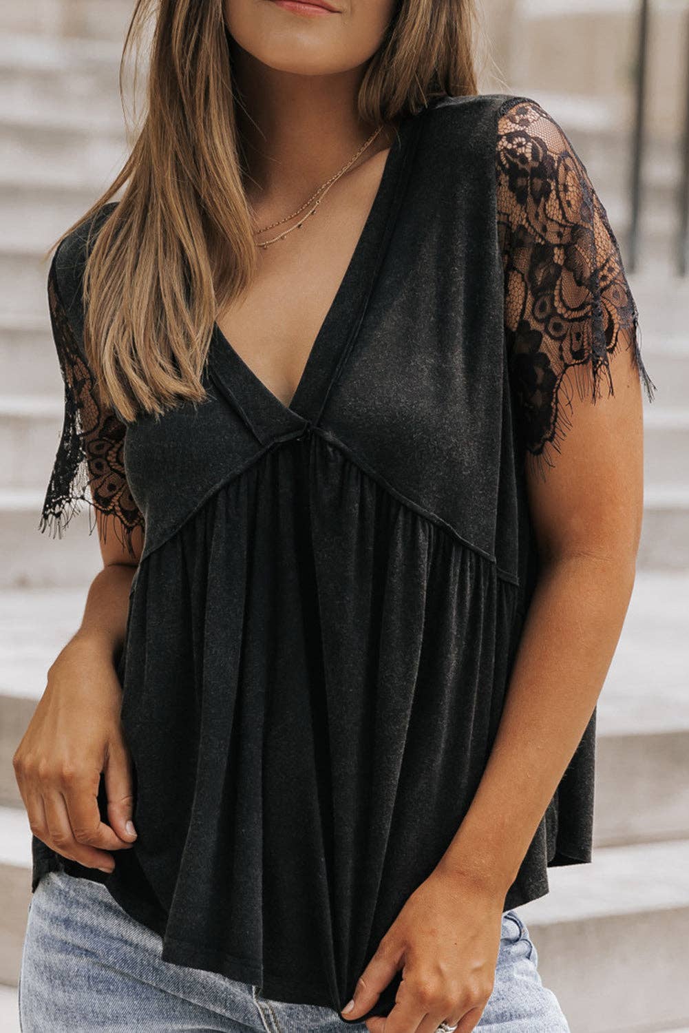 Lace Sleeve Babydoll Top