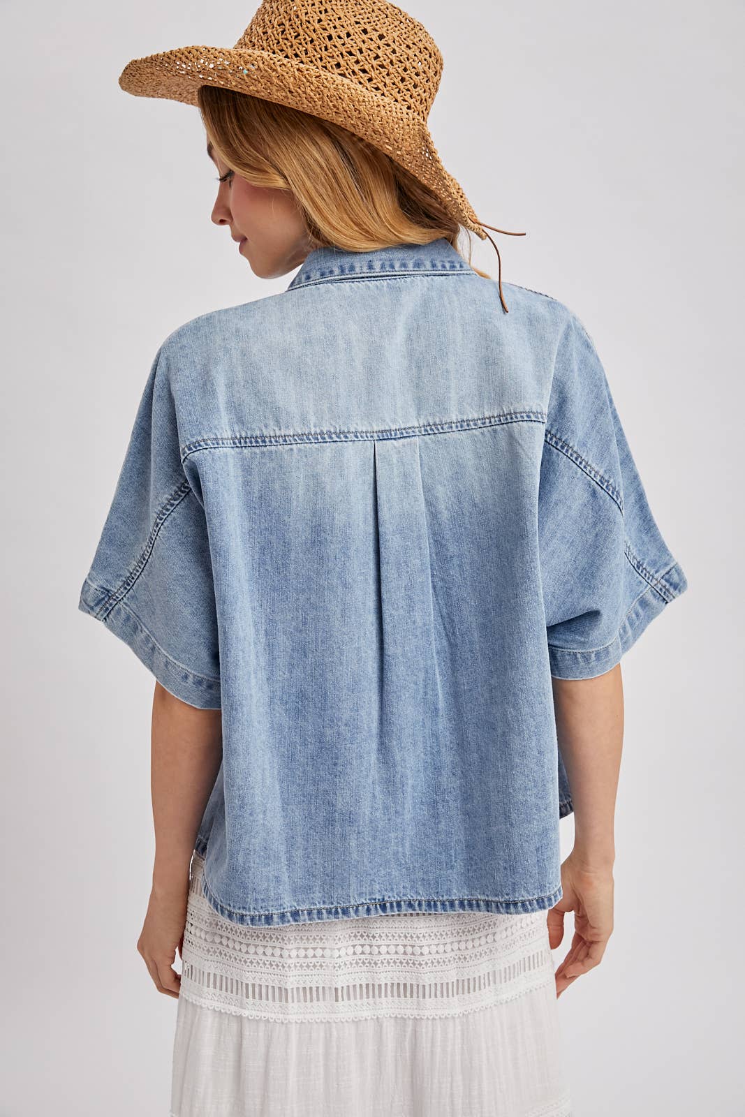 Boxy Denim Short-Sleeve Button Down