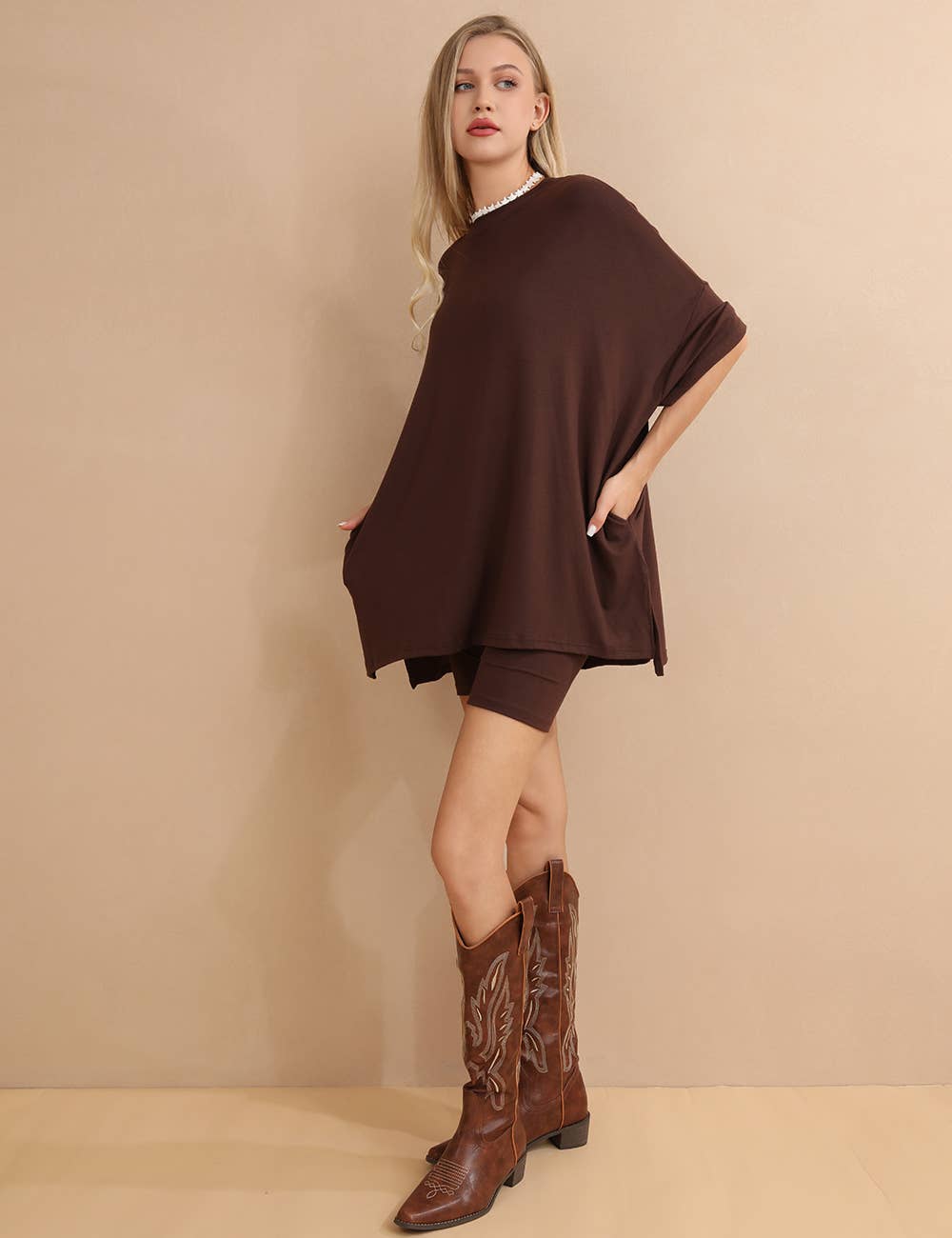 Oversized Shirt & Biker Shorts Set - Brown