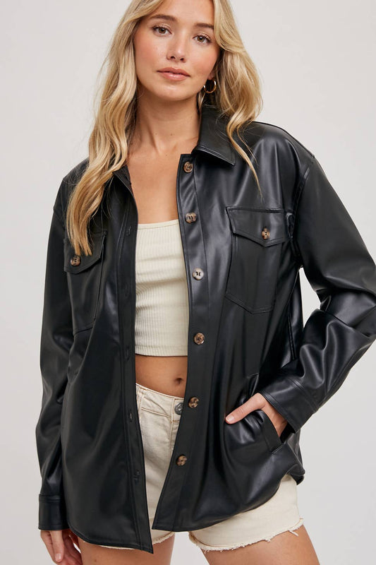 Vegan Leather Shacket - Black