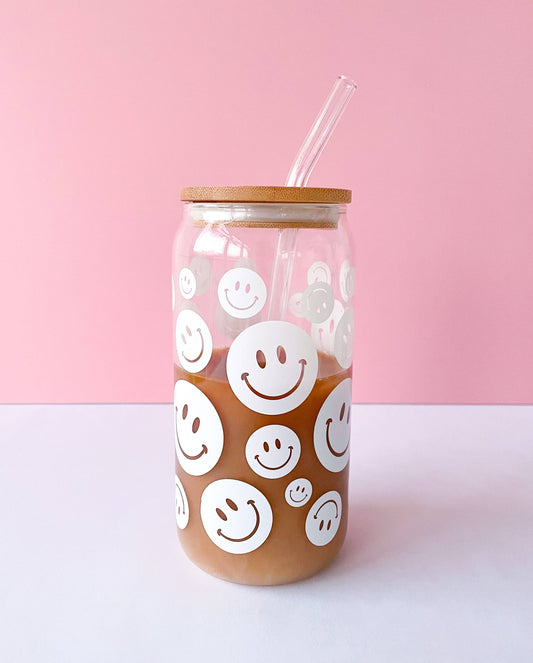 Smiley Face Latte Glass With Lid & Straw